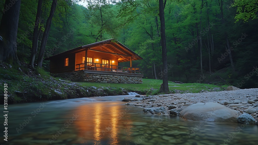 Illuminated cabin by tranquil stream in lush forest at dusk. Illuminated cabin by tranquil stream in lush forest at dusk.