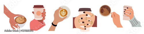 Set of diverse hands holding different cups of coffee, espresso, cappuccino, take away paper cup. Morning hot drink. Coffee break. Vector colorful flat illustration isolated