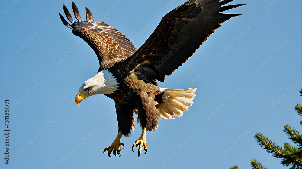 Obraz premium Majestic Bald Flying Eagle with the American Flag. A Symbol of Freedom and Patriotism. Generative AI.