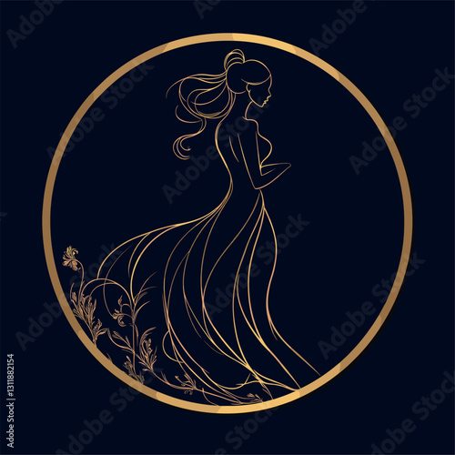 a circular logo and seal that is gold and black with a beautiful muse. French style. Elegant. Abstract silhouette