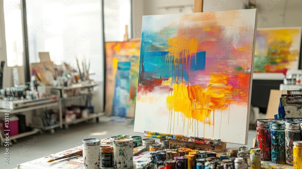 Abstract Colorful Painting in a Vibrant Artist Studio Abstract Colorful Painting in a Vibrant Artist Studio