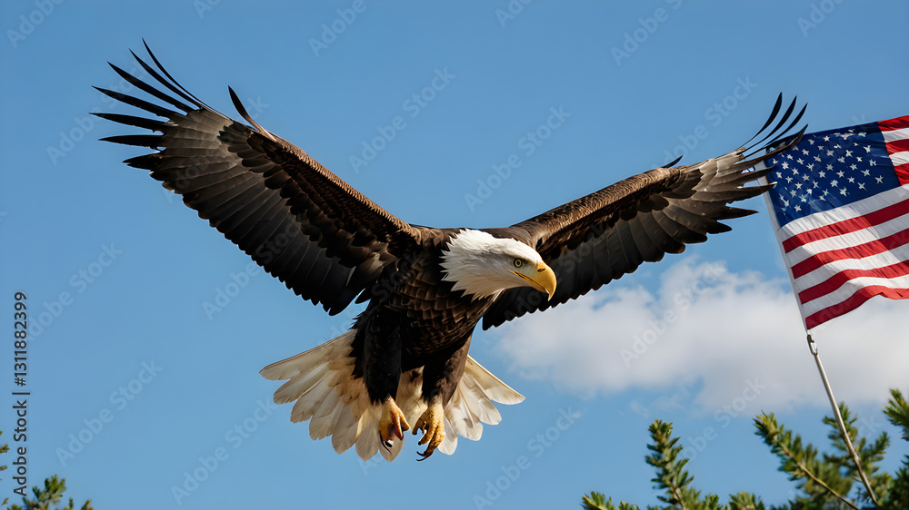 Naklejka premium Majestic Bald Flying Eagle with the American Flag. A Symbol of Freedom and Patriotism. Generative AI.