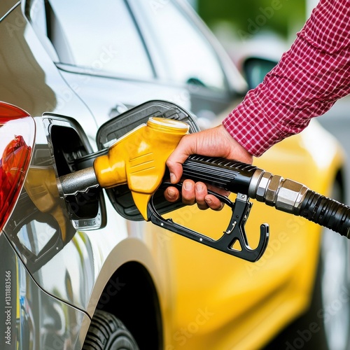 Filling a car with gasoline at a fuel station using a yellow nozzle.