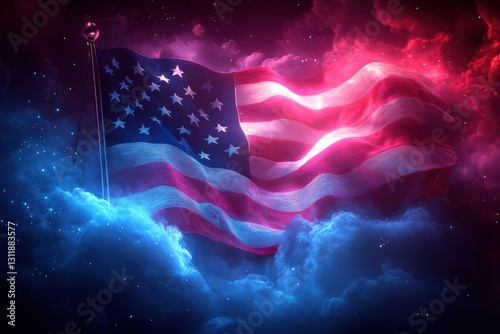 Experience a patriotic moment with a waving American flag glowing in neon blue light. This striking image may feature an umbrella for added visual interest.