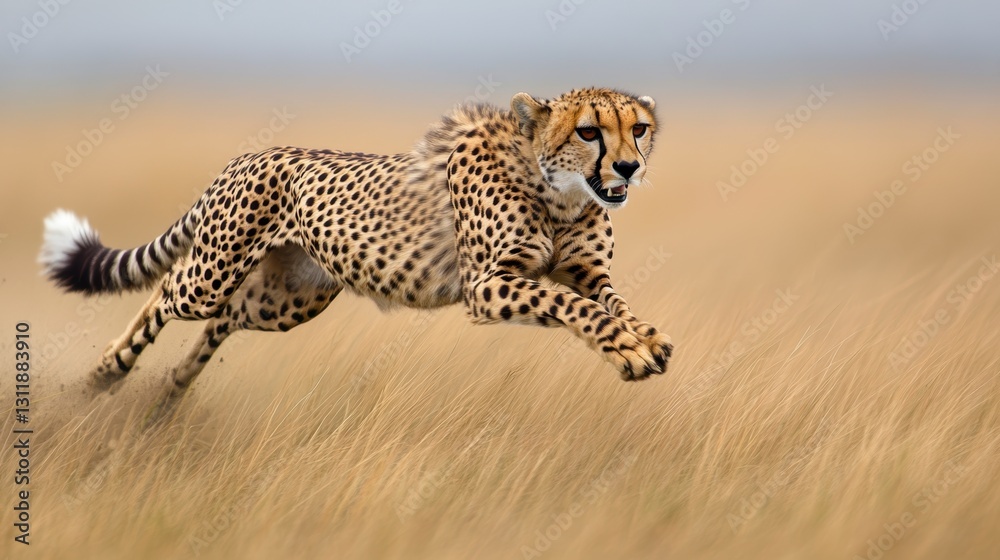 Cheetah Running Across Golden Savanna Grassland Cheetah Running Across Golden Savanna Grassland