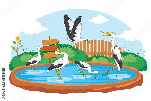 Vector flock of storks on the lake. Illustration of fauna living in the wild. Storks looking for food on the lake with beautiful scenery background