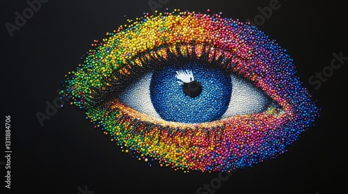 A surreal artistic depiction of an eye made from thousands of small, multicolored spheres, creating a detailed, vibrant, and visually striking composition against a dark background.. AI Generation