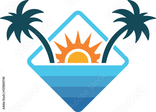 Tropical paradise sunset beach logo. Palm island summer travel badge for exotic vacation and ocean escape branding