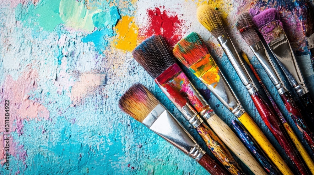 Fototapeta premium Colorful Paintbrushes and Vivid Paint Splatters on Textured Background