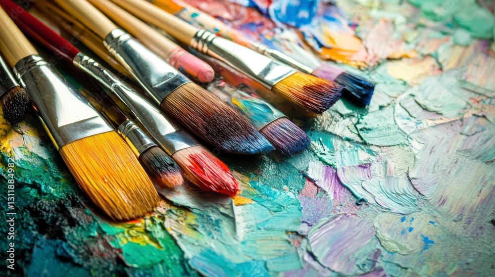 Obraz premium Colorful Paintbrushes on a Textured Palette