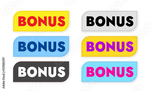 set of banner stickers vector design with text bonus six colorful banners