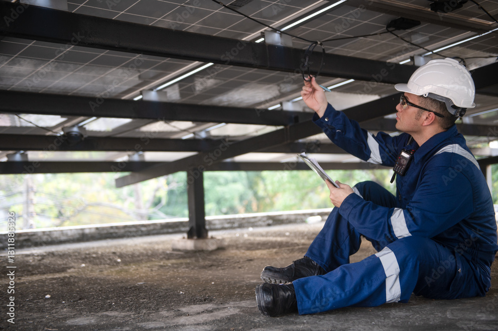 Solar panel maintenance engineers are checking the operation of solar panels and circuit boards. Solar panel maintenance engineers are checking the operation of solar panels and circuit boards.