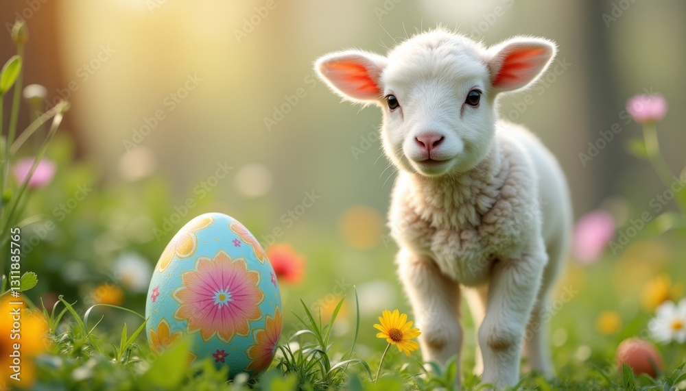 Fototapeta premium Fluffy lamb stands on grassy field with two colorful Easter eggs nearby. Yellow and pink flowers scattered around. Easter-themed promotions, greeting cards, or springtime advertisements.