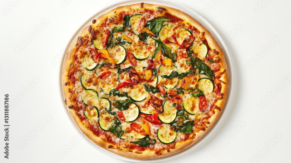 Flat Lay of Vegetarian Pizza with Zucchini and Spinach Flat Lay of Vegetarian Pizza with Zucchini and Spinach