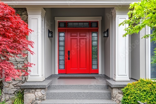 Red door with a glass window sits in front of a house with a stone wall. photo