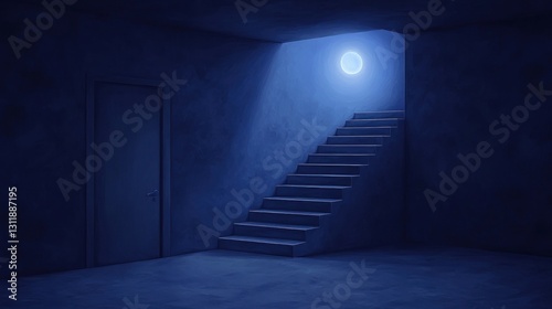 Mysterious Blue Staircase Leading to Illuminated Circle