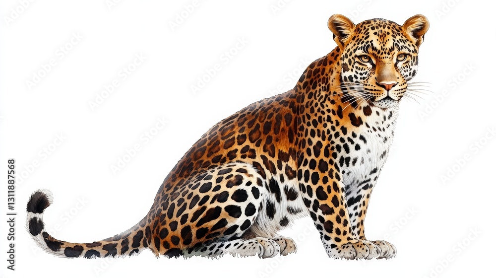 Obraz premium A majestic watercolor leopard gazes leftward, its brown and black spotted coat adorned with elegant white markings. Its poised stance radiates strength and grace, inviting an immersive visual journey 