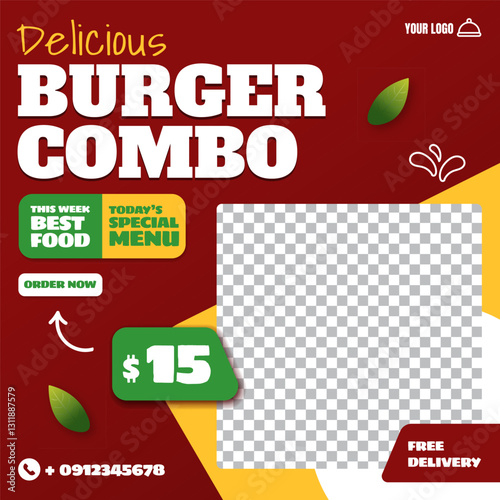 Burger combo social media post template. Food social media. Design for your advertising