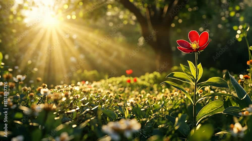 Vibrant red flower blooms under sun rays in a lush green garden during early morning in spring