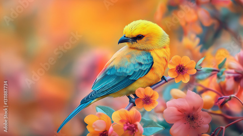 A colorful small sparrow sitting on flowers.