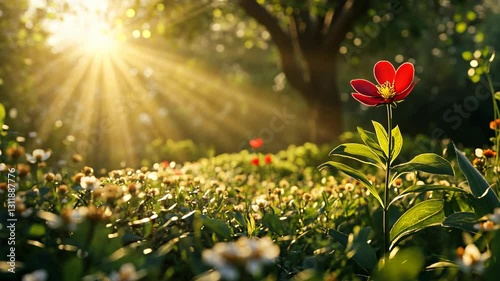 Vibrant red flower blooms under sun rays in a lush green garden during early morning in spring