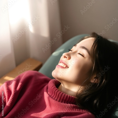 hygge , simple pleasures, Joyful woman enjoying simple pleasures in a cozy sweater with sunlight streaming through