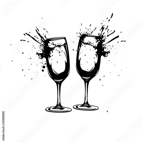 a minimal, black and white vector logo design of two distorted champagne glasses hitting one another, white background

