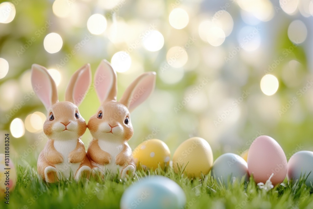 Fototapeta premium Easter bunny figurines and pastel eggs on lush green grass for spring decor