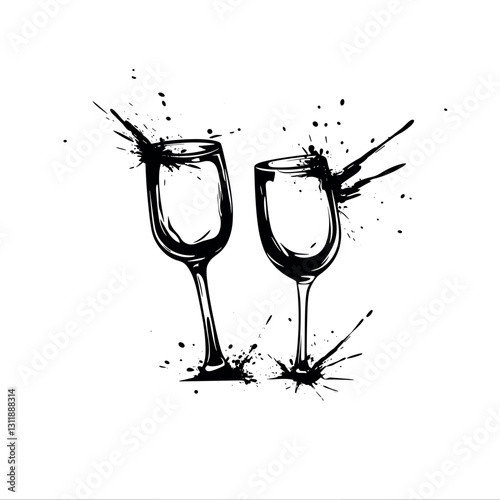 a minimal, black and white vector logo design of two distorted champagne glasses hitting one another, white background

