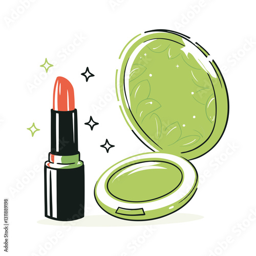 A stylish illustration of makeup essentials featuring a lipstick and a compact mirror, perfect for beauty, fashion, and cosmetics themes.