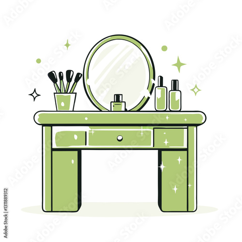 Minimalist vanity table with a round mirror, makeup brushes, and skincare products, creating a clean and modern beauty setup.