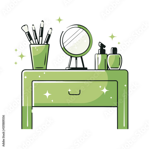 Minimalist vanity table with a round mirror, makeup brushes, and beauty products, representing modern self-care and elegant interior decor.