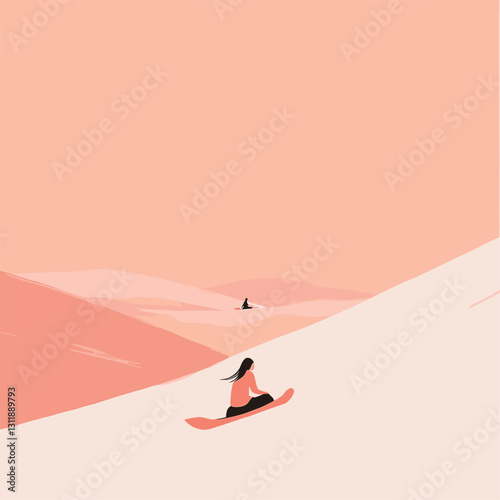A minimalistic vector illustration of a woman riding a sledge in the distance going downhill,