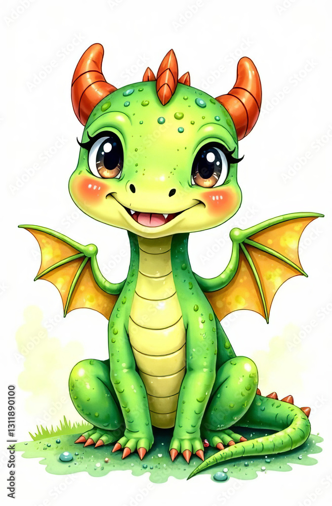 A drawn cute smiling green dragon with wings sits and looks into the camera, place for the text, a congratulatory card. A drawn cute smiling green dragon with wings sits and looks into the camera, place for the text, a congratulatory card.