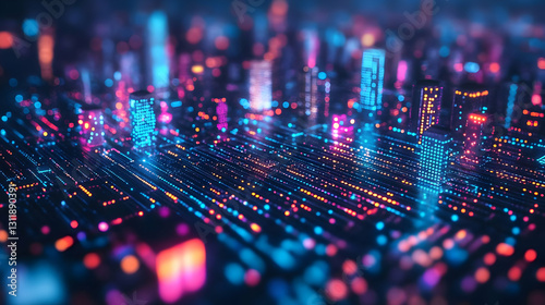 Abstract Futuristic Cityscape with Glowing Neon Lights