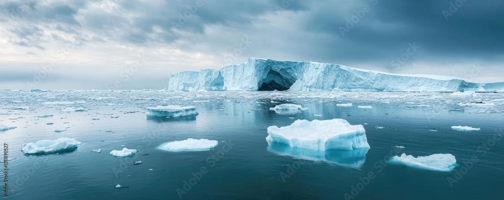 Iceberg melting idea. A stunning icy seascape showcasing floating icebergs and a moody sky. Iceberg melting idea. A stunning icy seascape showcasing floating icebergs and a moody sky.