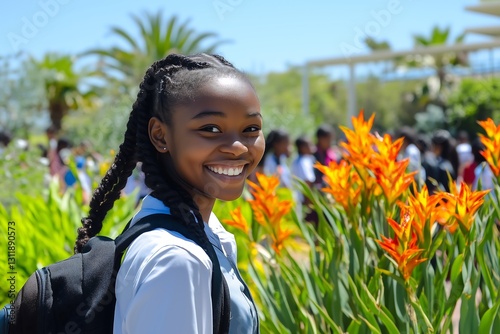 Smiling African American Student with Backpack in Outdoor School Setting