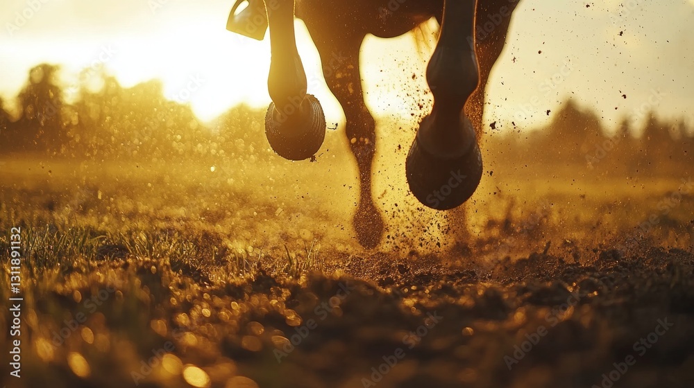 Equestrian motion captured at golden hour: close up of horse hooves galloping Equestrian motion captured at golden hour: close up of horse hooves galloping