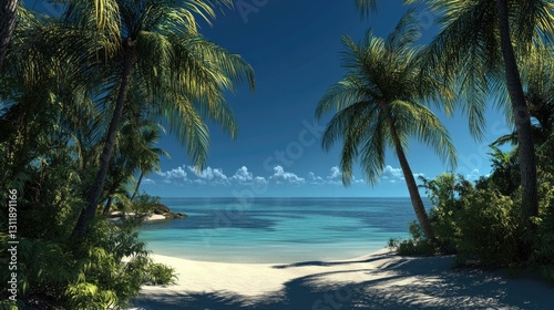 Idyllic tropical beach paradise with azure water and swaying palms