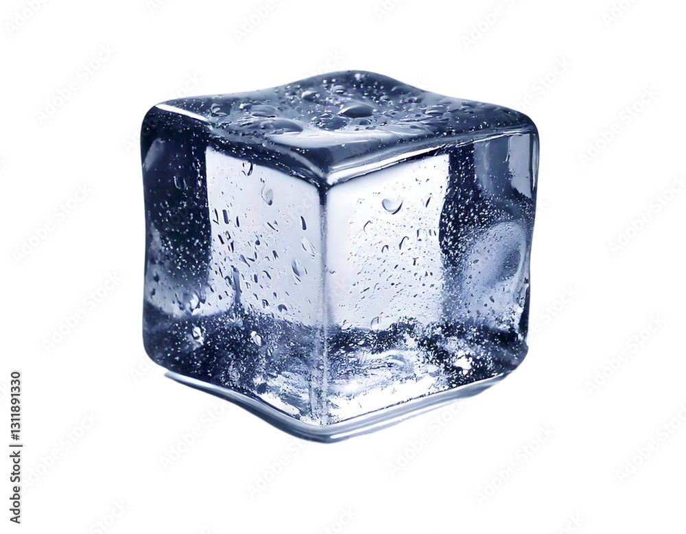 Obraz premium A single, perfectly formed ice cube glistens, its surface glistening with condensation. The cube casts a dramatic shadow, highlighting its crystalline structure and purity.