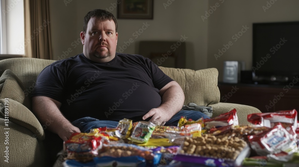 Obraz premium Obesity awareness: Unhealthy eating habits portrayed through a man enjoying snacks in a relaxed home setting.