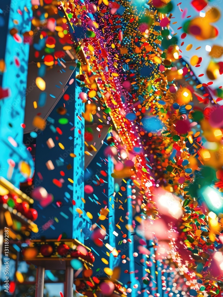 Cascading confetti and vibrant colours create a festive atmosphere Cascading confetti and vibrant colours create a festive atmosphere