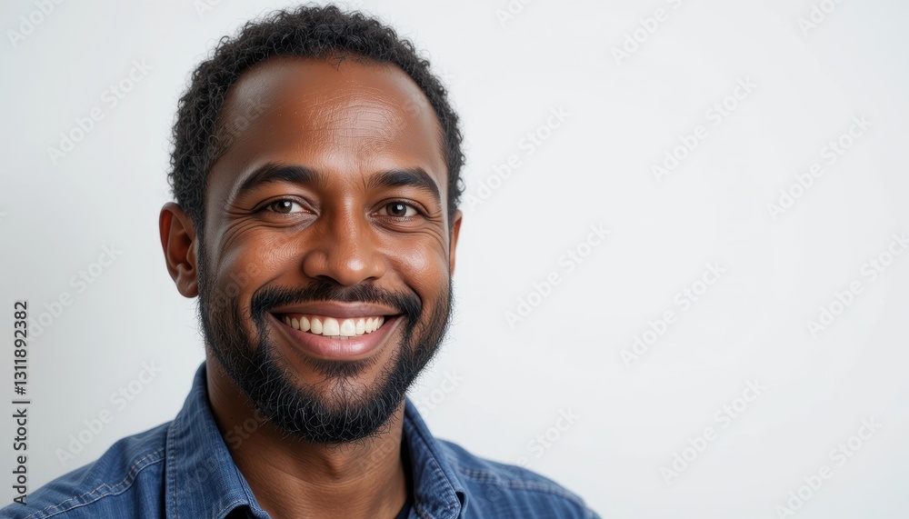 Happy smiling man with curly hair wearing denim shirt against neutral background in cheerful portrait shot Happy smiling man with curly hair wearing denim shirt against neutral background in cheerful portrait shot