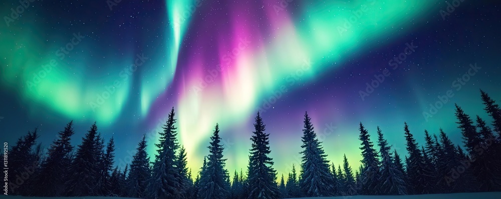 Fototapeta premium Aurora borealis northern lights concept. Breathtaking aurora borealis illuminates the night sky over a tranquil forest.