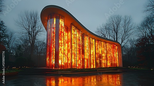 Illuminated stained glass chapel at twilight