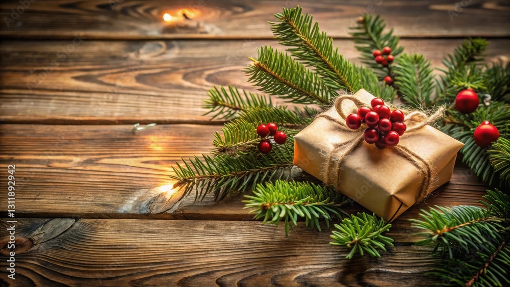 Fototapeta premium Rustic Wooden Background Featuring a Wrapped Gift Adorned with Festive Holly and Evergreen Branches, Illuminated by Soft Warm Lights