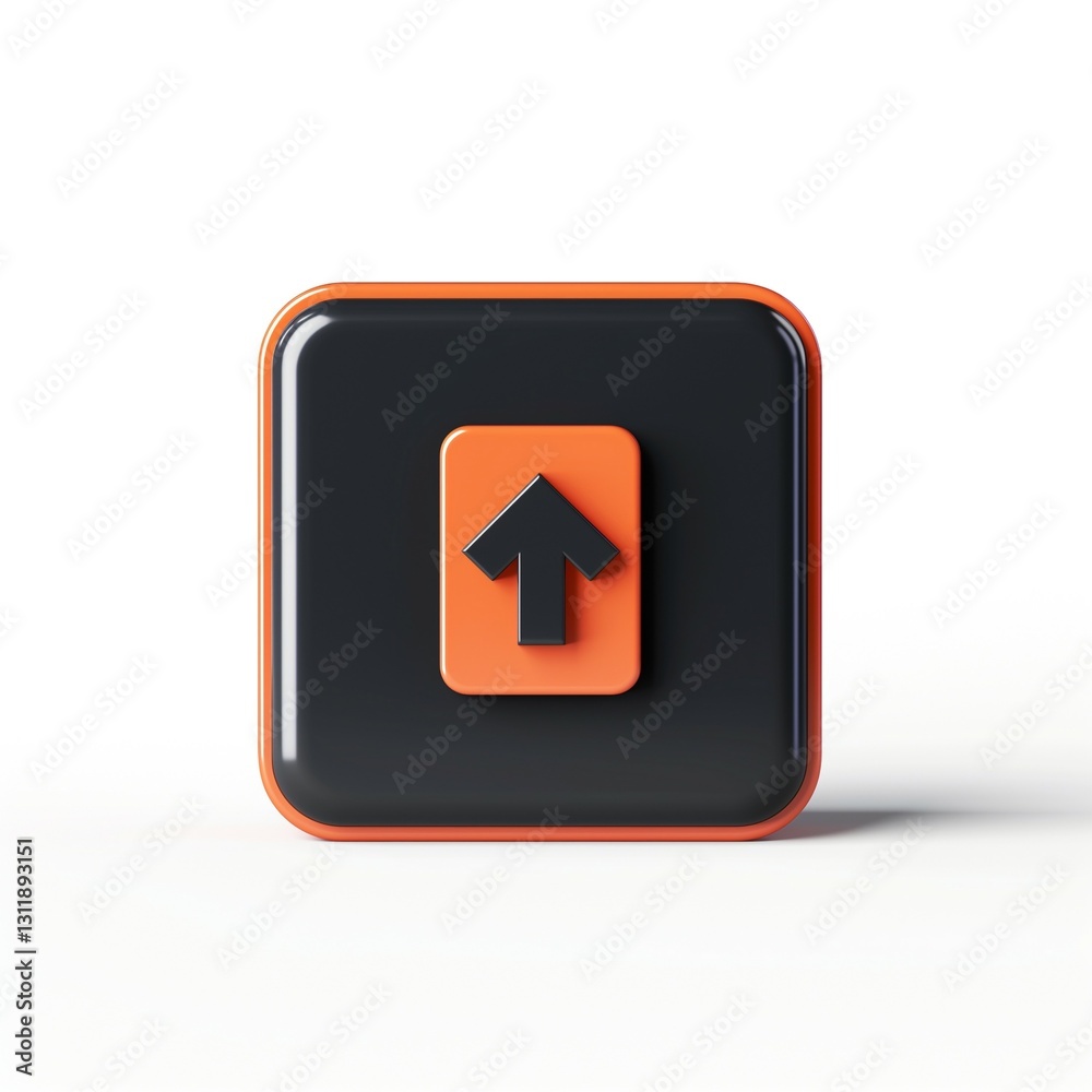 A sleek orange and black upward arrow button illustration on a clean white background. A sleek orange and black upward arrow button illustration on a clean white background.