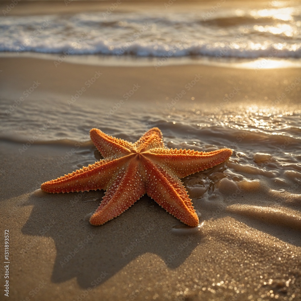 Starfish on sandy beach at sunset with ocean waves Starfish on sandy beach at sunset with ocean waves