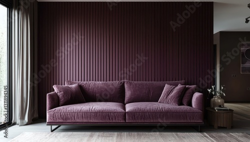 Deep aubergine wall and soft mauve sofa in an open setting.