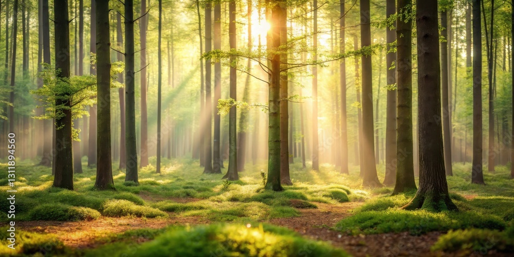 Obraz premium Golden Rays Illuminating a Mystical Forest Path at Dawn, Casting a Magical Glow on Lush Greenery